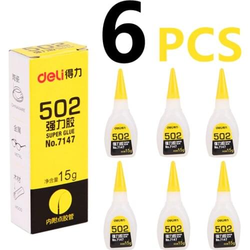6pcs Deli 502 Super Glue Instant Quick-drying Cyanoacrylate Adhesive Leather Rubber Wood Metal Strong Bond 15g Liquid Glue Tool
