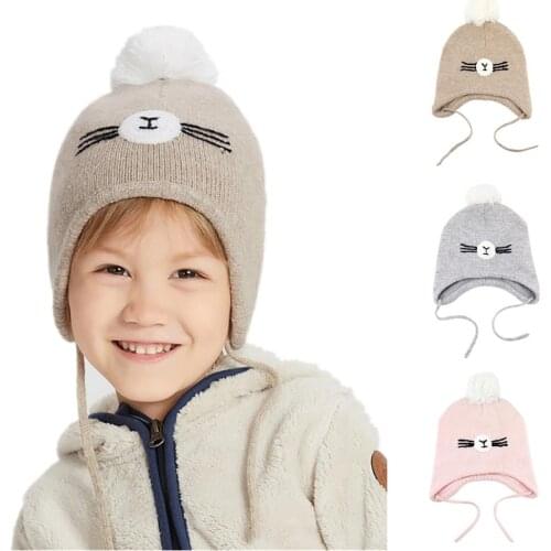 Connectyle Boys Girls Cute Cartoon Beanie Adjustable Double Layer Knit Kids Warm Winter Hat Earflap With Pom-Pom