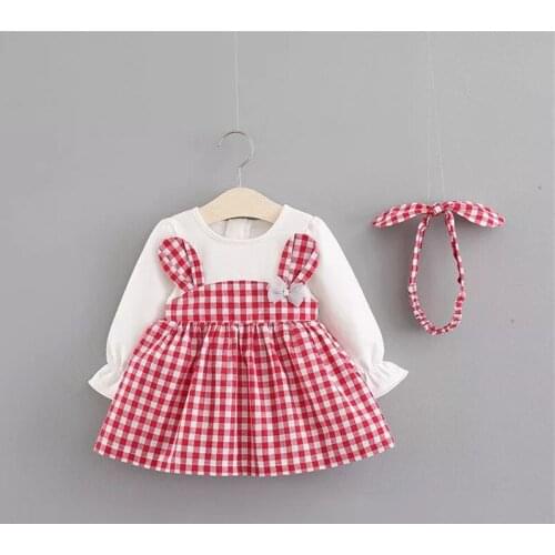 Baby Girl Dress Cotton Plaid Bow Girls Princess Costume With Cute Baby Headbands Birthday Party Dress