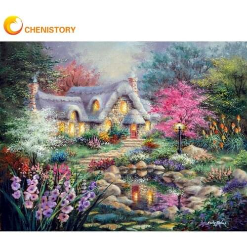 CHENISTORY Mountain Flower House Painting By Numbers For Adults Children Handmade Home Decoration 60x75cm Frame Wall Decor