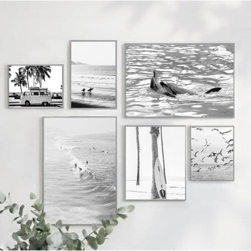 Painting Surfing Coastal Decor for Living Room Surf Poster California Wall Art Black and White Ocean Print Beach Canvas