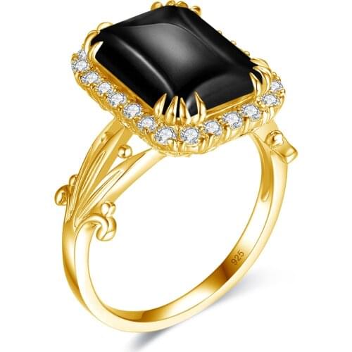 Szjinao Luxury 14K Gold Ring For Women Gemstones Black Ring Onyx With AAA+ Cubic Zirconia Shiny 925 Silve Gold Plated Jewelry