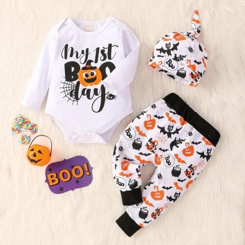 Costume Halloween Boys Girls Outfits Infant Baby Boys Girls Halloween Letter Romper + Cartoon Pants+Hat Outfits Set pour filles