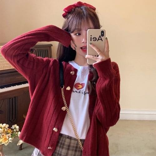 Kawaii Woman Sweaters Knitted Cardigan 2020 Winter Korean Fashion Cute Heart Buttons Long Sleeve Burgundy Red White Sweater Tops