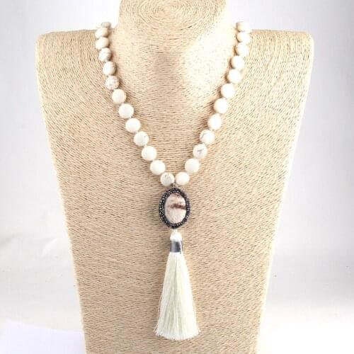 Fashion Bohemian Tribal Jewelry White Stone Knotted Handmake Paved Horse Hair Link White Tassel Necklaces For Women