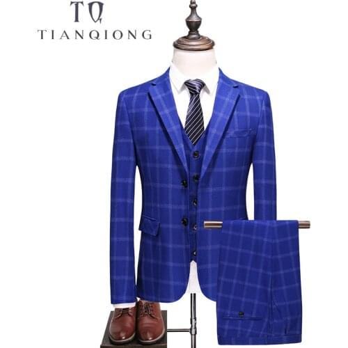 TIAN QIONG Mens Royal Blue Plaid Suit 2018 Slim Fit Wedding Suits for Men High Quality Business Formal Suits 3 Piece S-XXXXXL