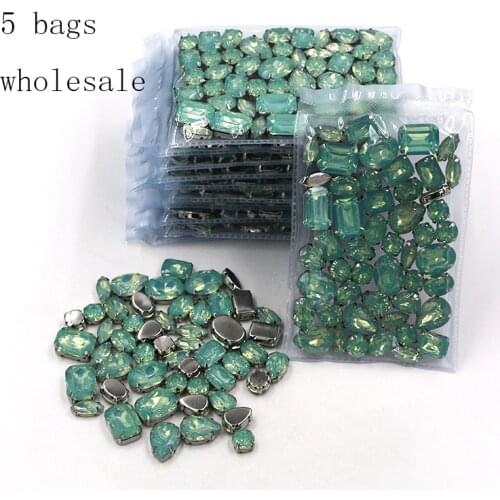 New Wholesale 5 bags mixed shape Olive green rhinestones Resin silver base sew on rhinestones for Clothing accessories