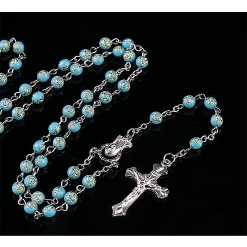 6mmCross Necklace Catholic Crystal Beads Red Rose Rosary Catholic Necklace Ladies Long Strand Necklace Jesus Jewelry Gift.48pcs