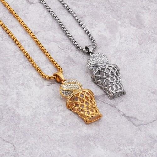 Stainless Steel Vintage Golden Silver Basket Rim Hoop Shoot Ball Basketball Stands Charm Pendant Necklace Rhinestone Men Women