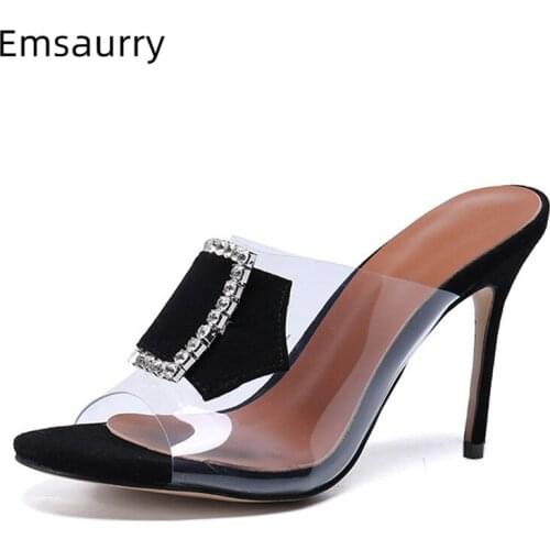 Chic 2021 Transparent PVC High Heel Sandals Women Open Toe Slingback Metal Buckle With Rhinestone Summer Shoes Woman
