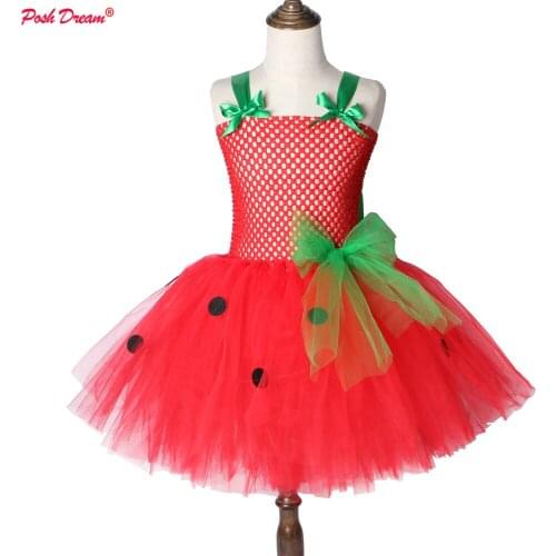 POSH DREAM Red Strawberry Birthday Theme Party Dress for Kids Girl Princess Christmas Costume Cosplay Halloween Girls Tutu Dress