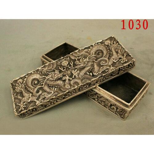 Old Marked Seal Tibet Silver Double Dragon Play Beads Ball Jewelry Box Chest