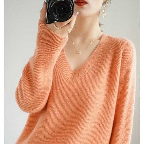 Высококачественный осенне-зимний свитер из 100% кашемира женская Свободная трикотажная одежда большого размера с v-образным выре