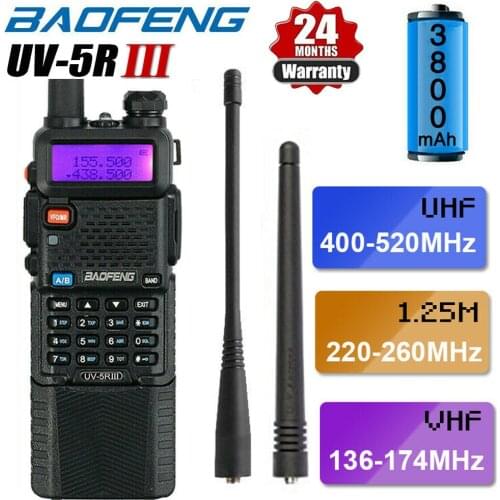 BAOFENG UV-5R III Tri-Band 5W 3800mAh Walkie Talkie Long Range Two Way Ham Radio + Earpiece
