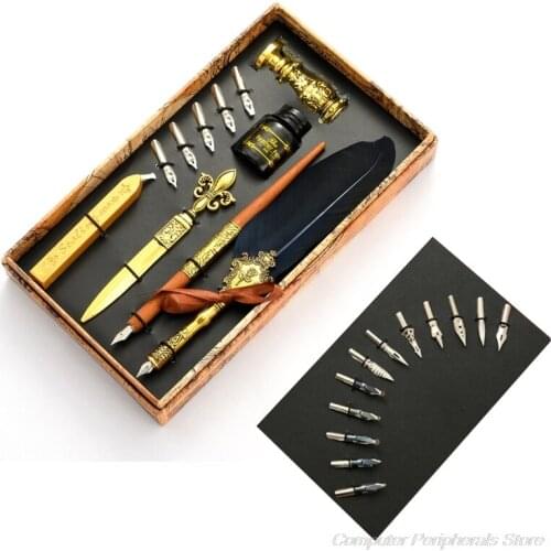 Vintage Quill Feather Dip Pen Fountain Writing Ink 5 Nibs Seal Wax Gift Box Calligraphy Stationery M03 21 Dropshipping