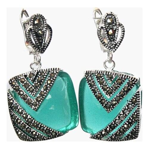 Women Gift Word Love Real Natural Green Opal Cat Eye Stone 925 & Marcasite Earrings 1"