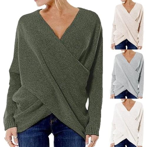 Women Autumn Sexy Knitted Sweater Vintage Cross Criss Pullovers Casual V Neck Loose Jumpers Solid Irregular Hem Sweater