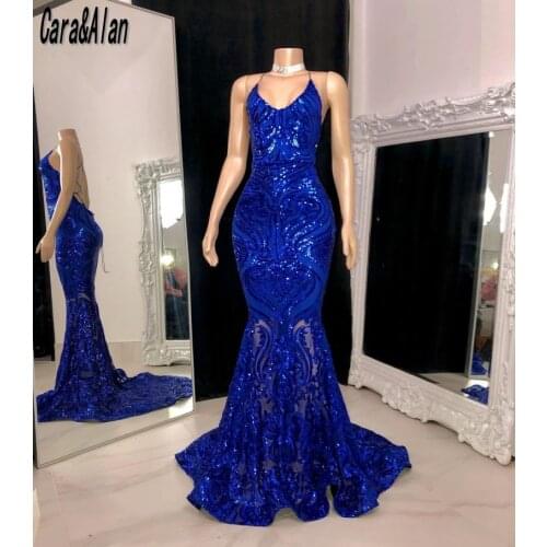 New Sequin Applique Royal Blue Prom Dresses Mermaid Evening Gowns Backless robe de soirée de mariage 2021 Women Party Wear