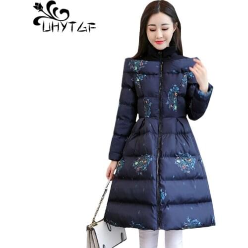 UHYTGF Winter jacket for women quality down jacket long parka coats Fashion printed elegant cotton coat warm plus size coats 893