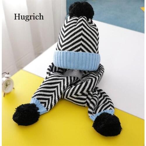 Winter Warm Knit Hat and Scarf Kids Stripe Hat 2 Piece Set Boy Girl Patchwork Ear Protection Cap with Pom Pom Child Scarves