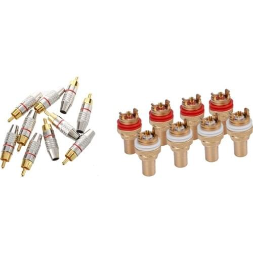 10Pcs Adapter Audio Coaxial Cable Connector RCA Plug Seamless with 8Pcs Red+White RCA Female Socket