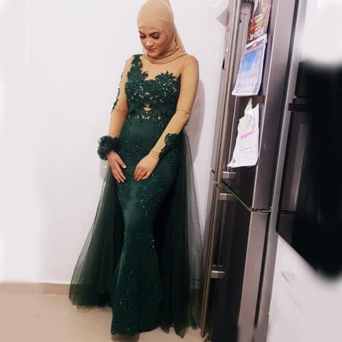 2020 Aso Ebi Arabic Evening Dresses Lace Applique Long Sleeves Prom Dress with Tulle Party Gowns