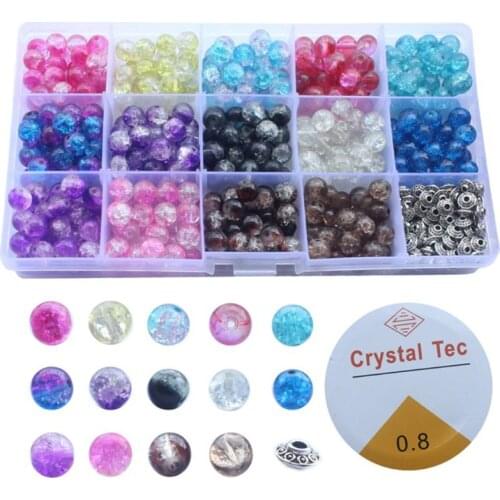 350Pcs 14 Color 8mm Crackle Lampwork Round Glass Beads with 50Pcs Silver Spacers Stretch Cord Kit for DIY Jewelry Making