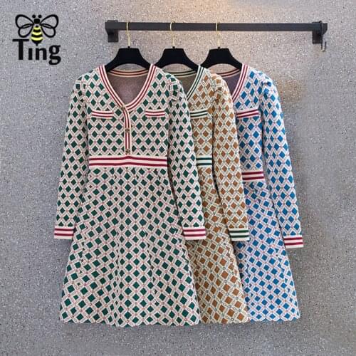 Tingfly Design Fashion Plaid Winter Knit Dress Casual Vintage Elegant Button Decor A Line Short Dress Slim Lady Vestidos Robes