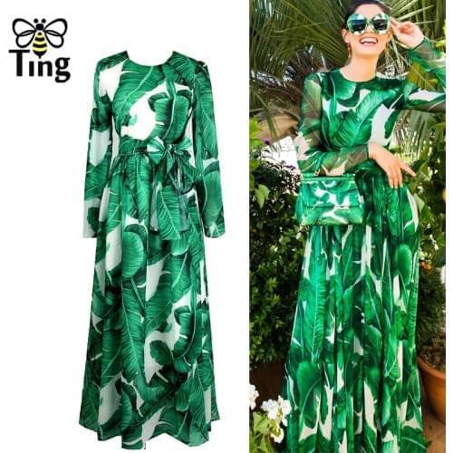 Tingfly Vintage Design Green Plantain Leaf Maxi Long Dress Party Dinner Dresses with Sashes Summer Largos Haut Plus Elbise Robes