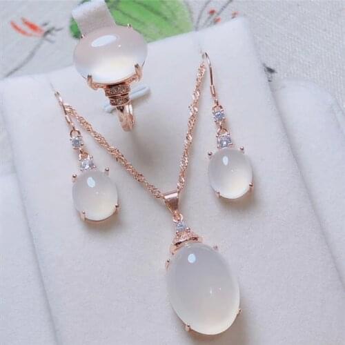 Jadery 3pcs Women Jewelry Sets Natural Jade Chalcedony 925 Sterling Silver Necklace/Earrings/Ring Rose Gold Party Fine Jewelry