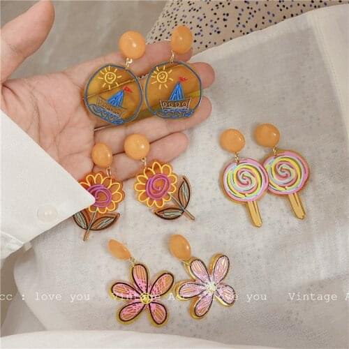 Korean Retro Geometric Flower Earrings Fashion Romantic Color Resin Earrings Girly Style Lollipop Sailing Earrings Tide