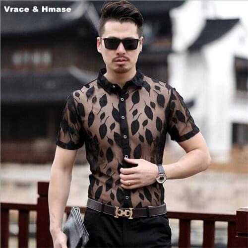 Summer 2018 New arrival leaves printing fashion boutique short sleeve shirt Hollow transparent breathable silk quality men shirt