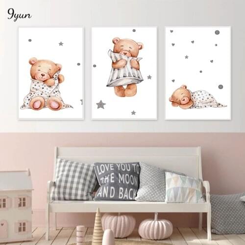 Cute Sleeping Teddy Bears Pillow And Blanke Wall Art Nursery Watercolor Poster Print Canvas Painting Baby Room Decoration