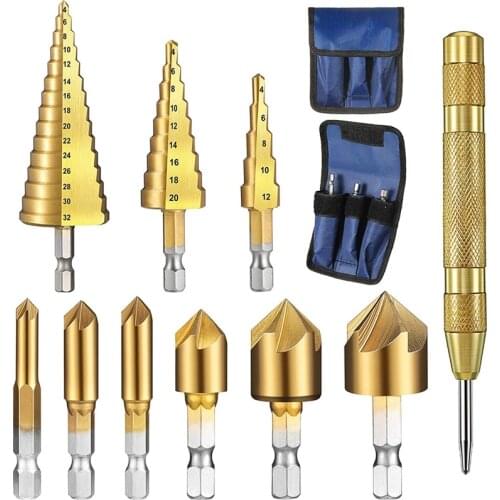 HLZS-10Pcs Step Drill Bit Set 1/4 Inch Hex Shank 5 Flute Countersink Drill Bit Set with Automatic Spring Loaded Center Punch