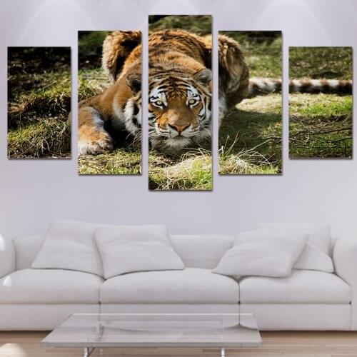 Wall Art Canvas Painting 5 Panels Jungle Tiger Grass Landscape Modular Painting Home Decor Printed Modern Living Room Decoration