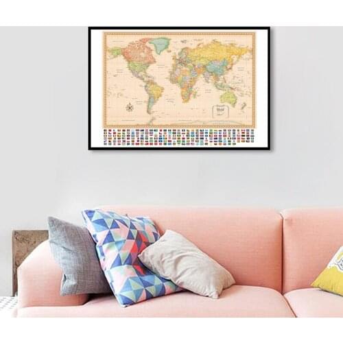 Retro World Map with National Flags Wall Hanging Art Posters Canvas Painting Educational Tapestry Home Decoration 90*60cm