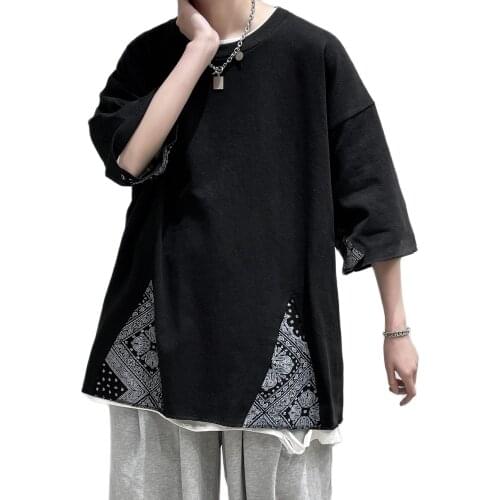 2021 new summer clothing Hong Kong style big soap big size splicing cashew printing short sleeve fashion ethnic style T-shirt