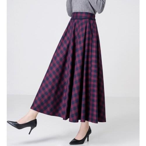 OUMOWEI New Autumn Winter Womens Plaid Skirts Plaid Skirts High Waists Long Skirts Retro Slimming A-line Skirts