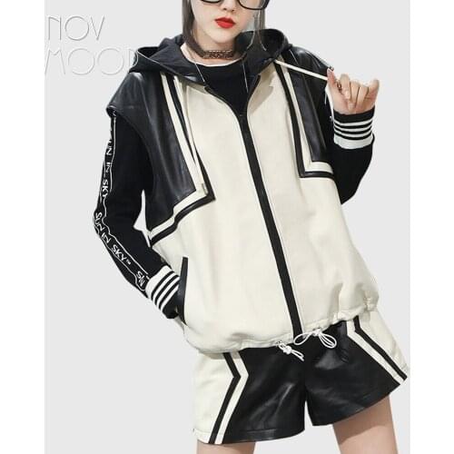 Novmoop genuine leather color block printed sheepskin women oversize vest hooded pop style Gilet en cuir LT3452