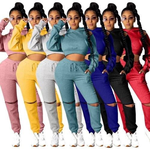 Autumn Winter Womens Set Full Sleeve Hoodies Pants Suit Active Wear Hole Zipper Tracksuit Two Piece Set Fitness Solid Outfit