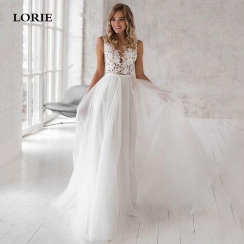 LORIE Beach Wedding Dresses Soft Tulle Lace Appliques Bridal Gowns V-Neck Princess Party Gowns With Romantic Buttons
