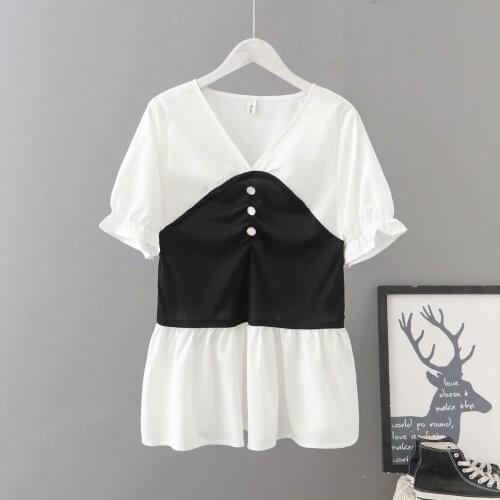 Plus size white black patchwork women T-shirts 2021 fashion summer t shirts petal sleeve V-Neck button ladies tee shirts femme