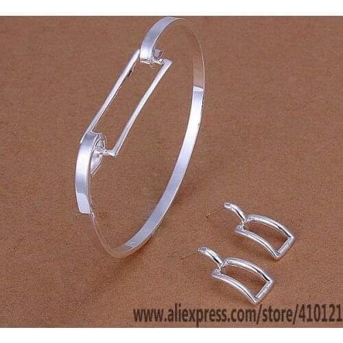 S261 Lucky Charm Silver Color Jewelry Sets For Women Fashion Jewelry Lady Accessories Fashion Round Square Earrings Bangle