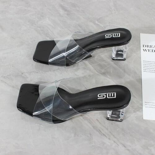 Fashion slippers womens high-heeled 2021 summer new PVC material cross strap crystal heel outer sandals 6CM