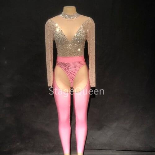 Mesh Glisten Silver Rhinestones Dj Jumpsuit Womens Birthday Celebrate Stretch Pink Leggings Outfit Female Singer Dance Bodysuit
