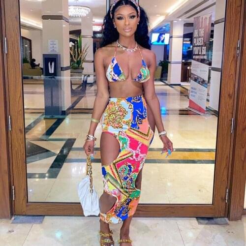 Bangniweigou chic print sexy bra + cut out dress 2 piece sets 2021 summer women boho beach outfits boxing festival suit