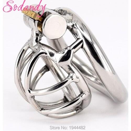 SODANDY 2018 Super Small Male Chastity Device Stainless Steel Mens Cock Cage Metal Penis Restraint Locking Cockring BDSM Bondage