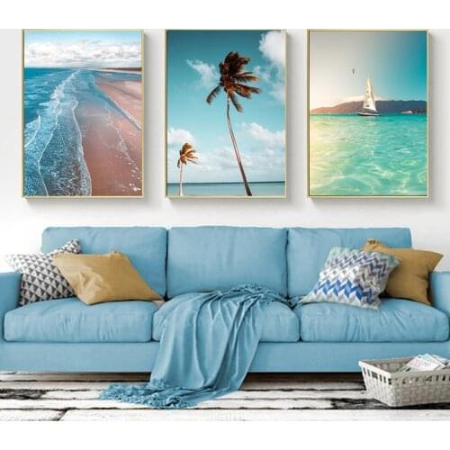 Tropical Landscape Ocean Beach Palm Tree Canvas Painting Poster Print Wall Art Colourfast Picture Living Room Home Decor Cuadros