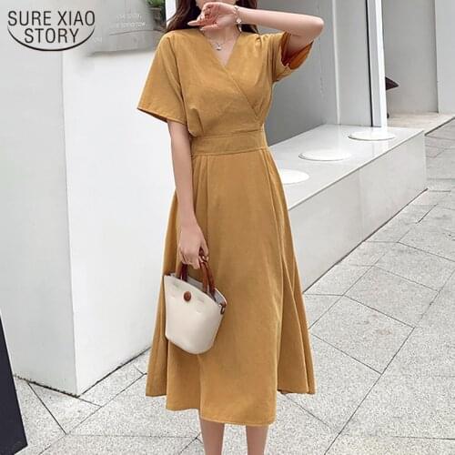 A-type Vintage Lace-up Waist Slim Platycodon Jupe Femme Summer Dresses High Waist V-neck Solid Womens Long Dress 9349