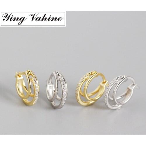 Ying Vahine 100% 925 Sterling Silver Small Zircons Multilayer Geometric Round Hoop Earrings for Women